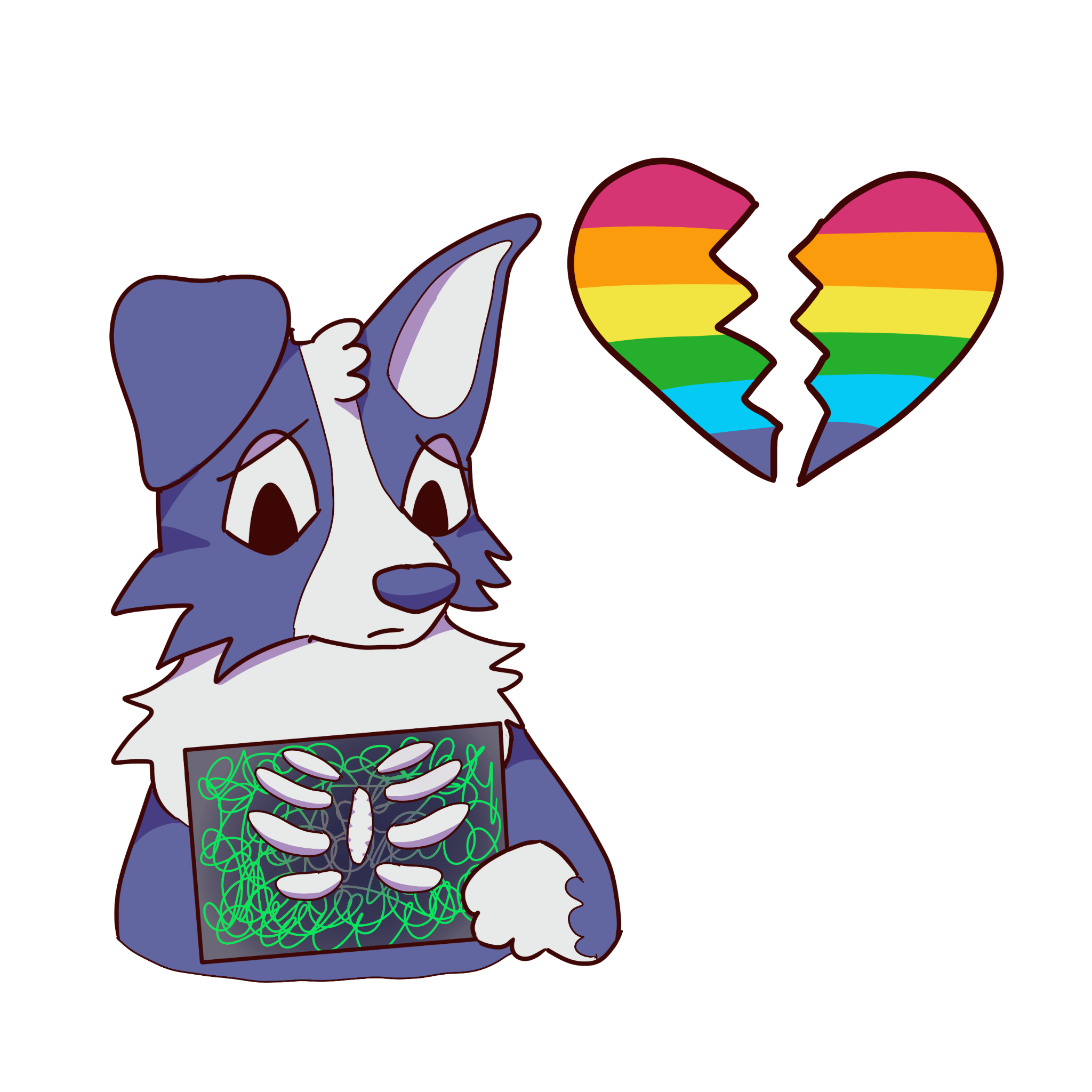 blue dog holding x-ray over chest with green scribbles in ribs. next to it is a broken pink heart with gay pride flag in it